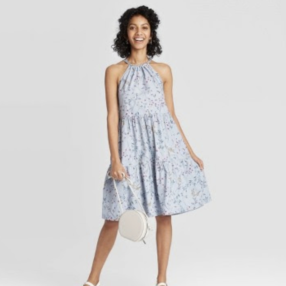 Target A New Day Blue Floral Halter High Neck Cotton Sun Dress Small